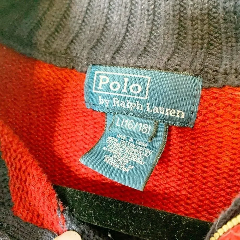Ralph Lauren Polo Boy’s 1/4 Zip Navy Blue & Red Cotton Sweater Size Large 16-18